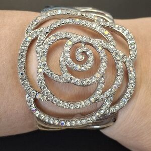 Stunning Silver Tone Sparkling Statement Bracelet With Flower Design